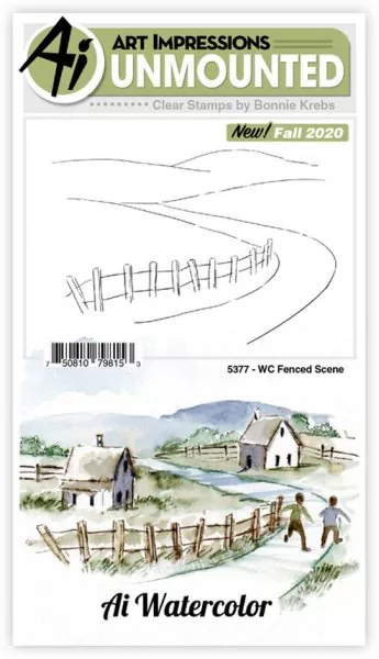 art impressions watercolor clear stamp stempel Fenced Scene